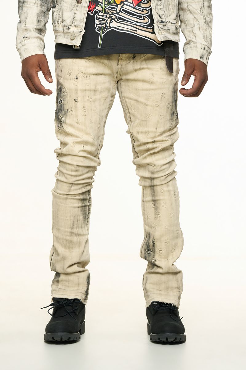 "NEW EMOTIONS" EMBOSSED FLARE STACK DENIM