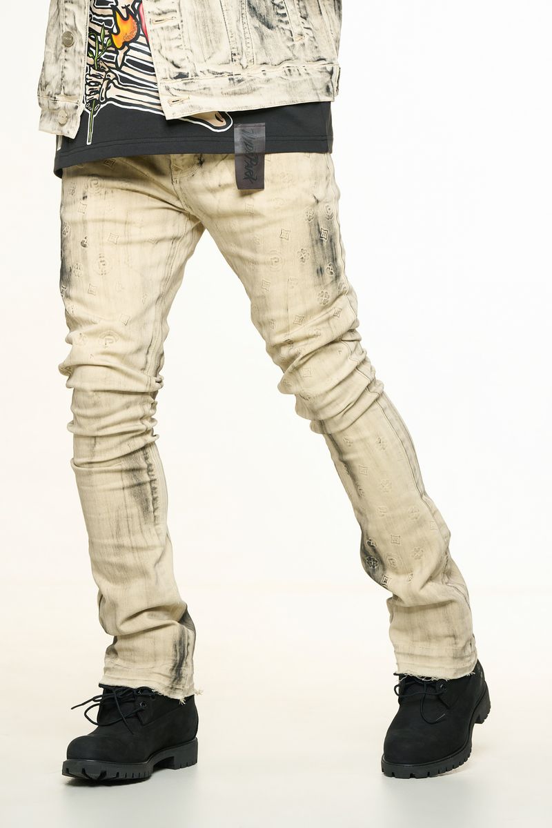 "NEW EMOTIONS" EMBOSSED FLARE STACK DENIM