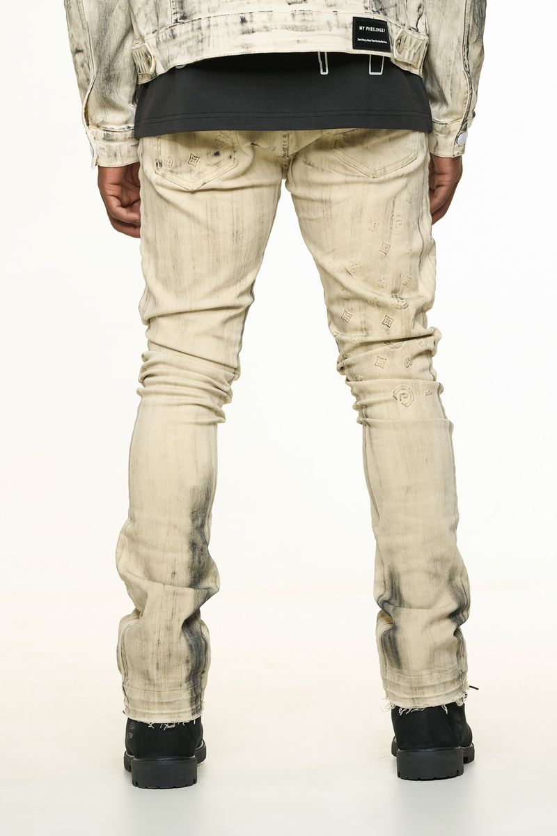 "NEW EMOTIONS" EMBOSSED FLARE STACK DENIM