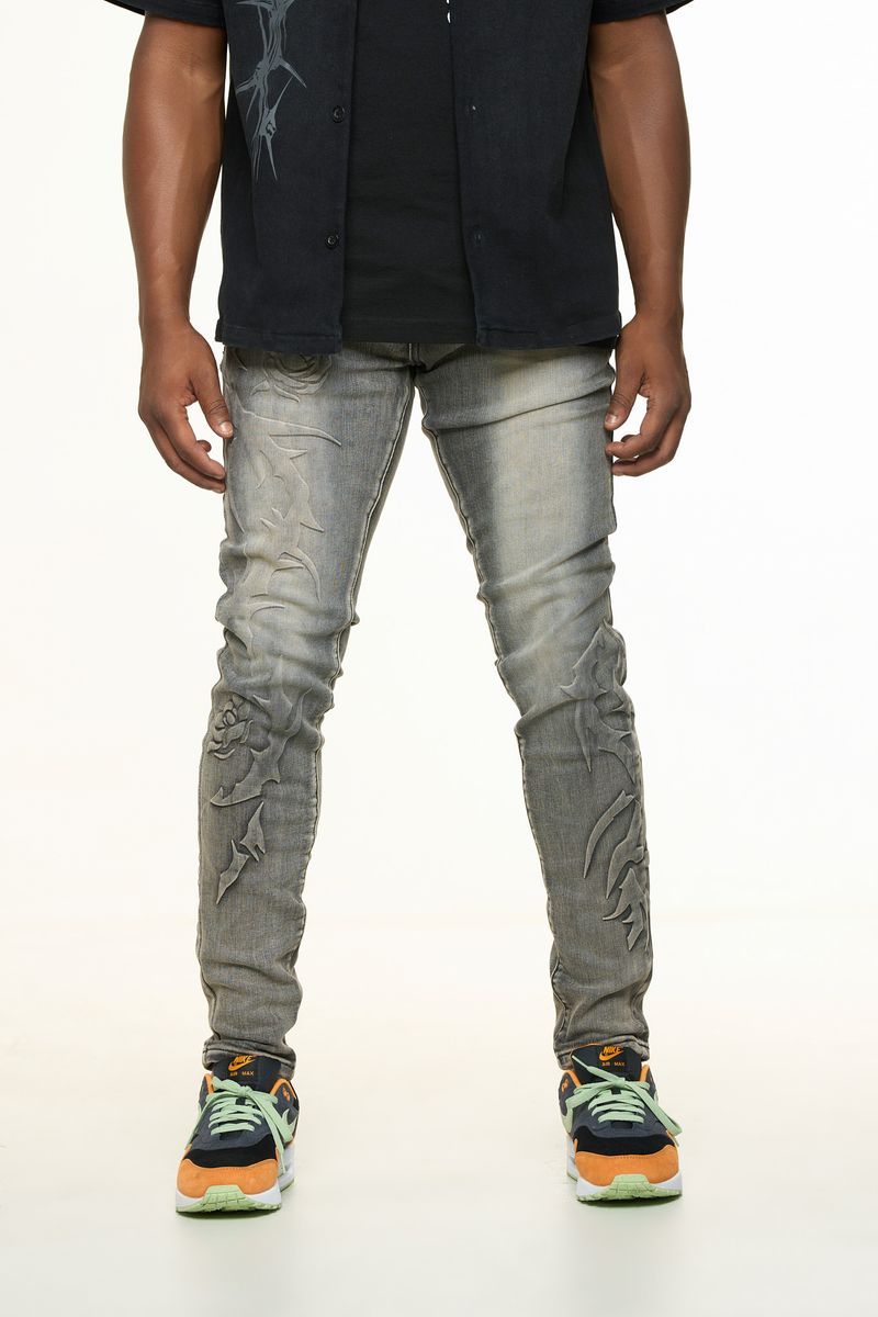 "LOVE IS PAIN" EMBOSSED SKINNY DENIM (GREY)