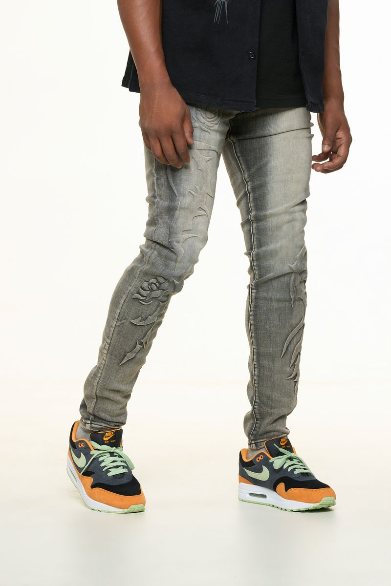 "LOVE IS PAIN" EMBOSSED SKINNY DENIM (GREY)