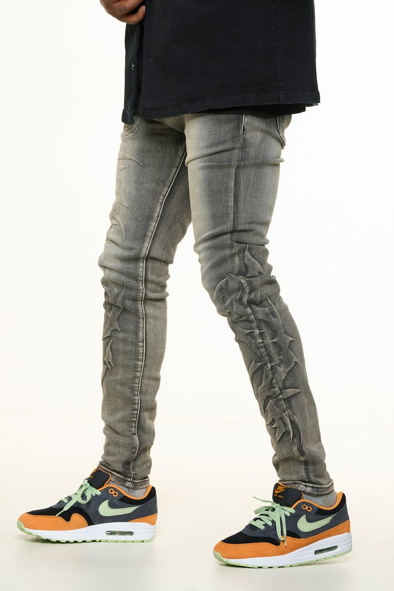 "LOVE IS PAIN" EMBOSSED SKINNY DENIM (GREY)