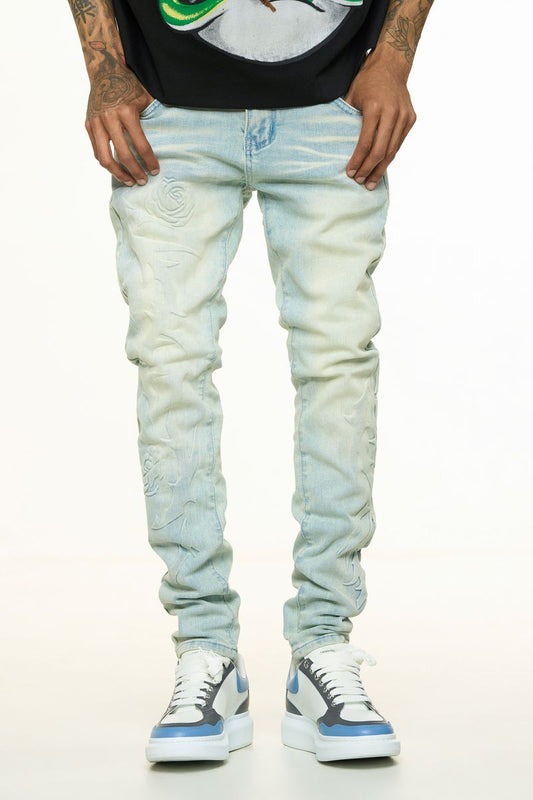 "LOVE IS PAIN" EMBOSSED SKINNY DENIM (BLUE)