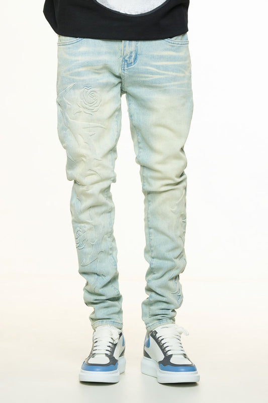 "LOVE IS PAIN" EMBOSSED SKINNY DENIM (BLUE)