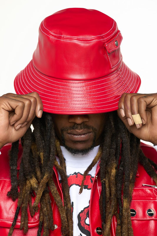 "FLOAT ON" RED CARGO LEATHER BUCKET HAT