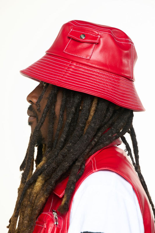 "FLOAT ON" RED CARGO LEATHER BUCKET HAT