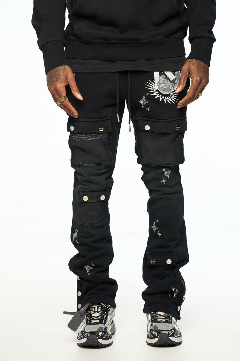 "LONELY WORLD" BLACK STACK JOGGERS