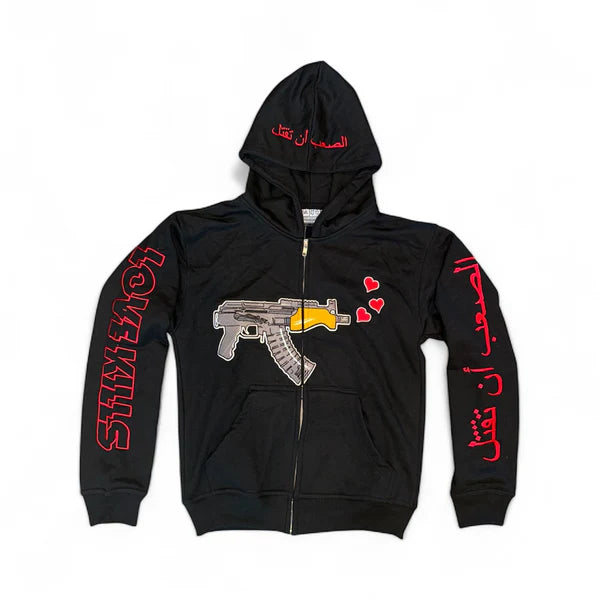 LOVE KILLS LOGO HOODIE IN BLACK WITH RED