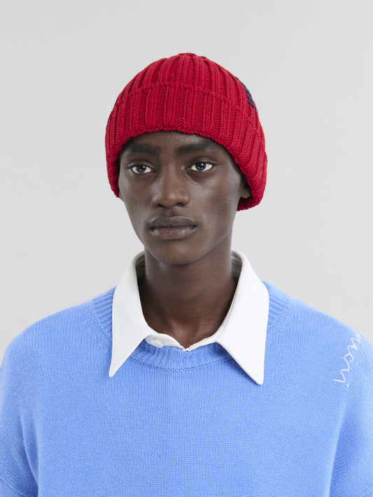 MARNI RED COTTON BERET WITH EMBROIDERED MARNI LOGO