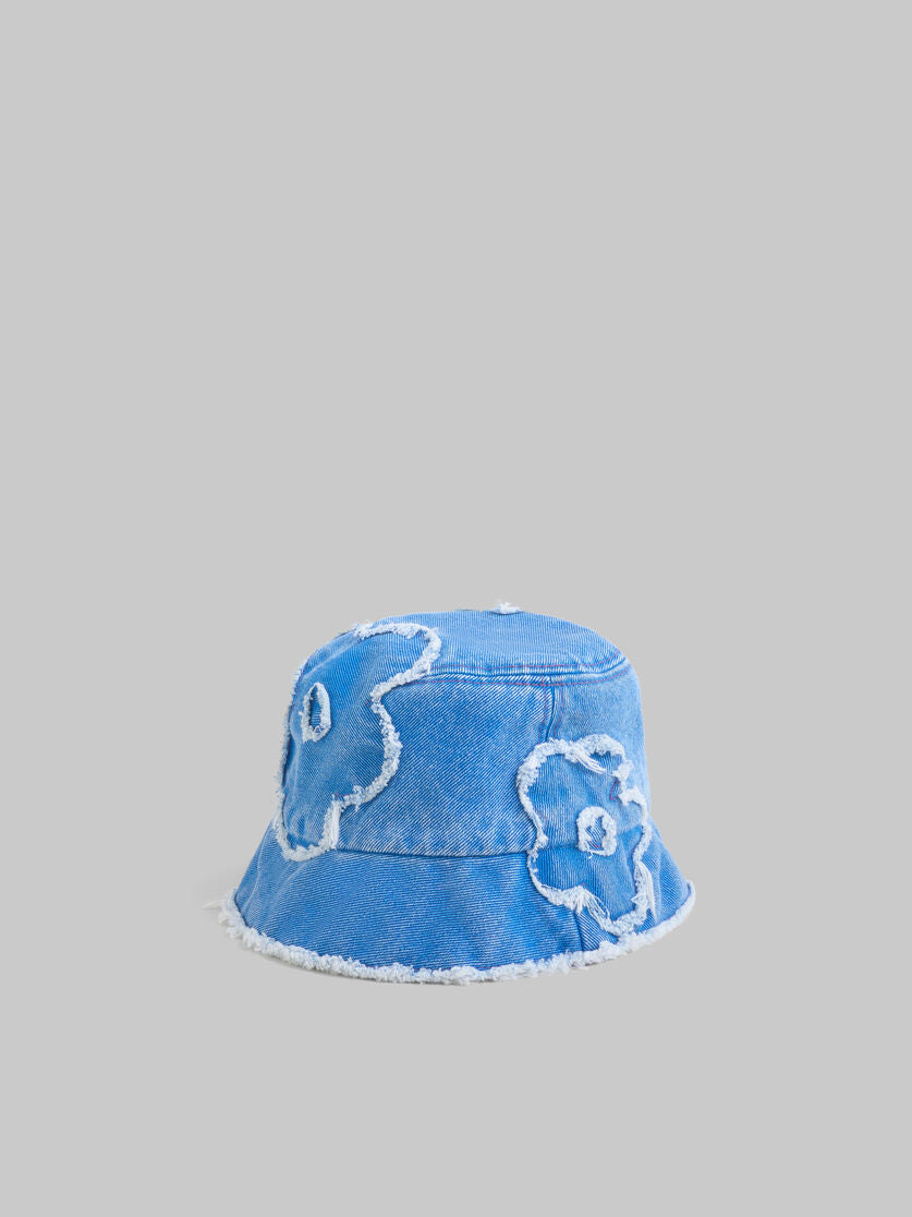 MARNI LIGHT BLUE DENIM BUCKET HAT WITH DILLIES PATCH DETAILS