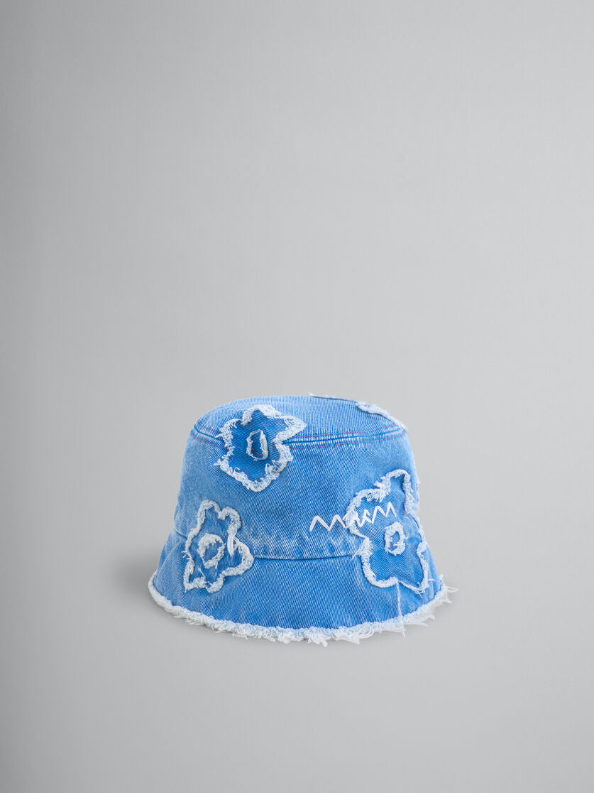 MARNI LIGHT BLUE DENIM BUCKET HAT WITH DILLIES PATCH DETAILS