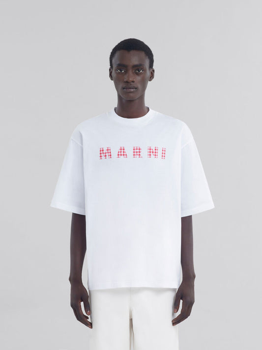 MARNI RED CHECKED MARNI LOGO T-SHIRT