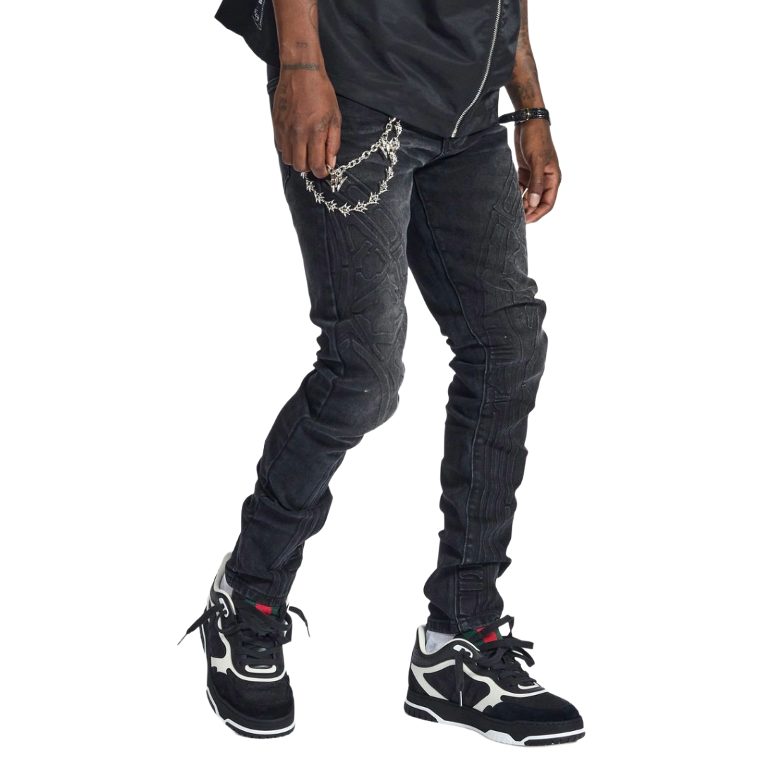 MELEE "MUSASHI" EMBOSSED JEANS (BLACK WASH)