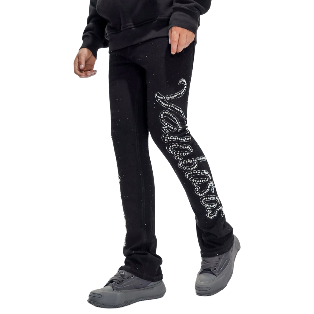 VALABASAS "LATTICE" BLACK STACKED FLARE JEAN