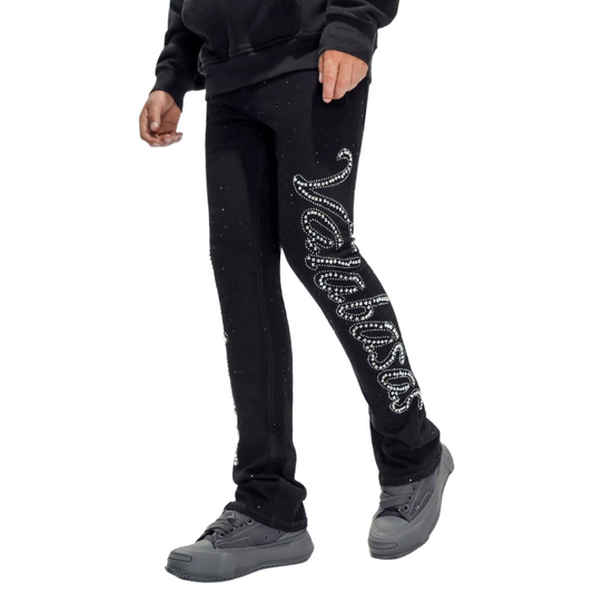 VALABASAS "LATTICE" BLACK STACKED FLARE JEAN