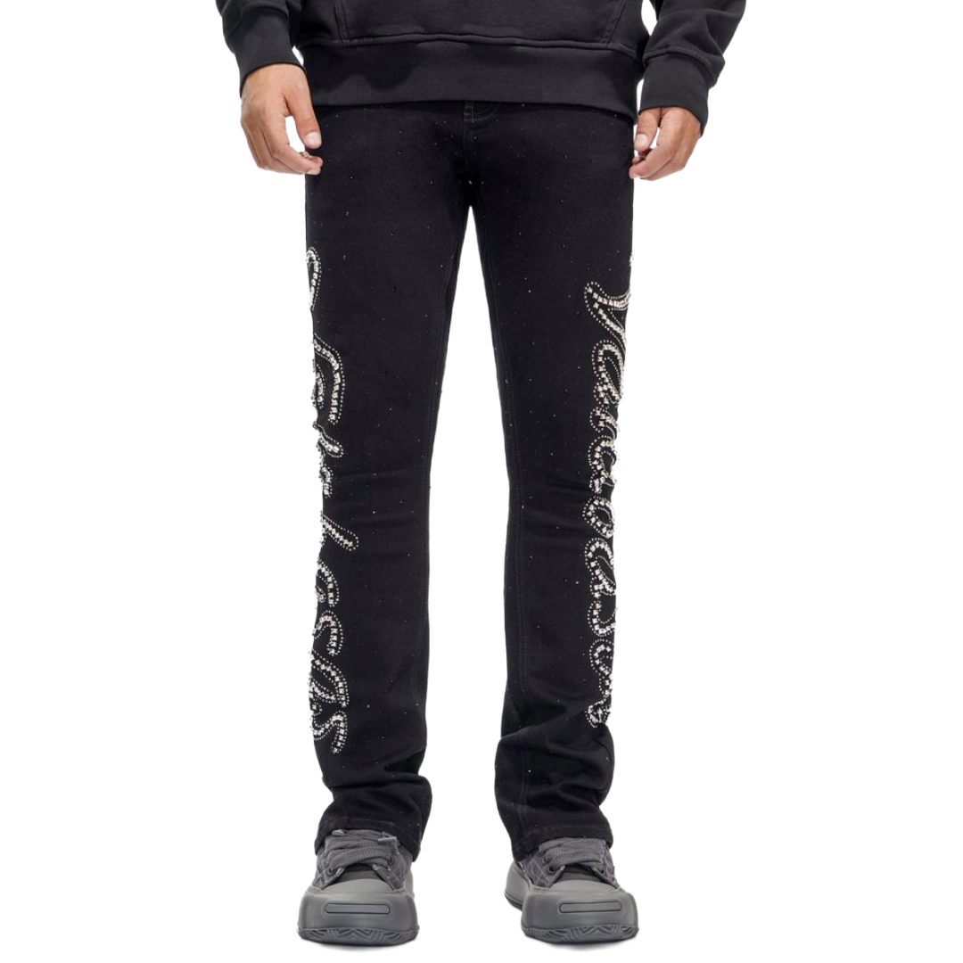 VALABASAS "LATTICE" BLACK STACKED FLARE JEAN