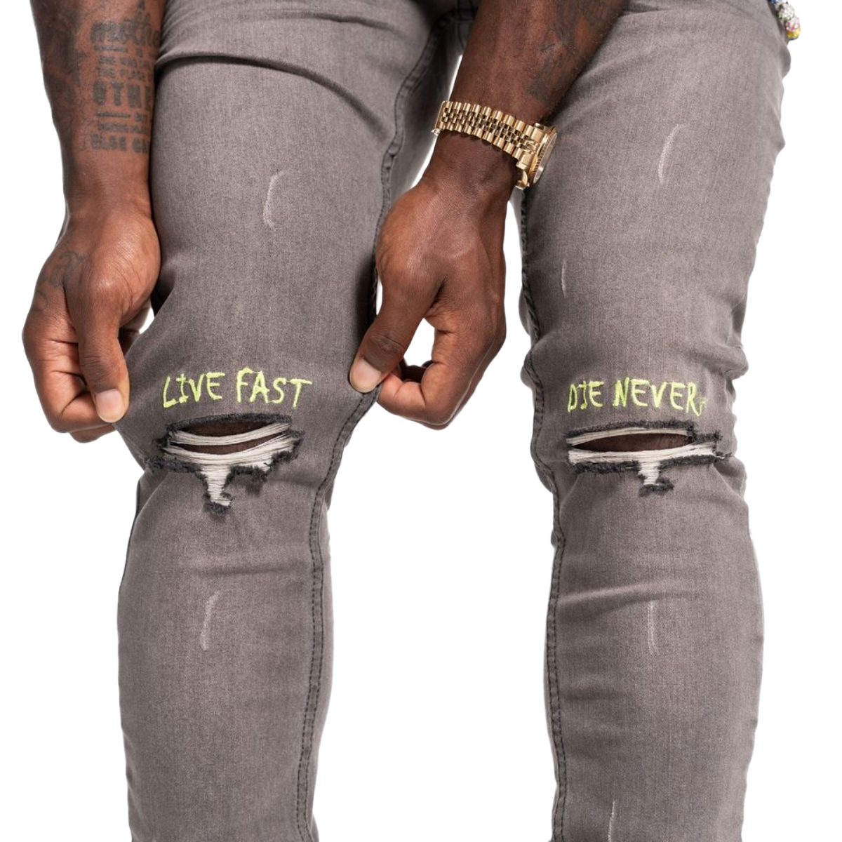 RELAPSE 'LIVE FAST' SKINNY DENIM - GREY/NEON