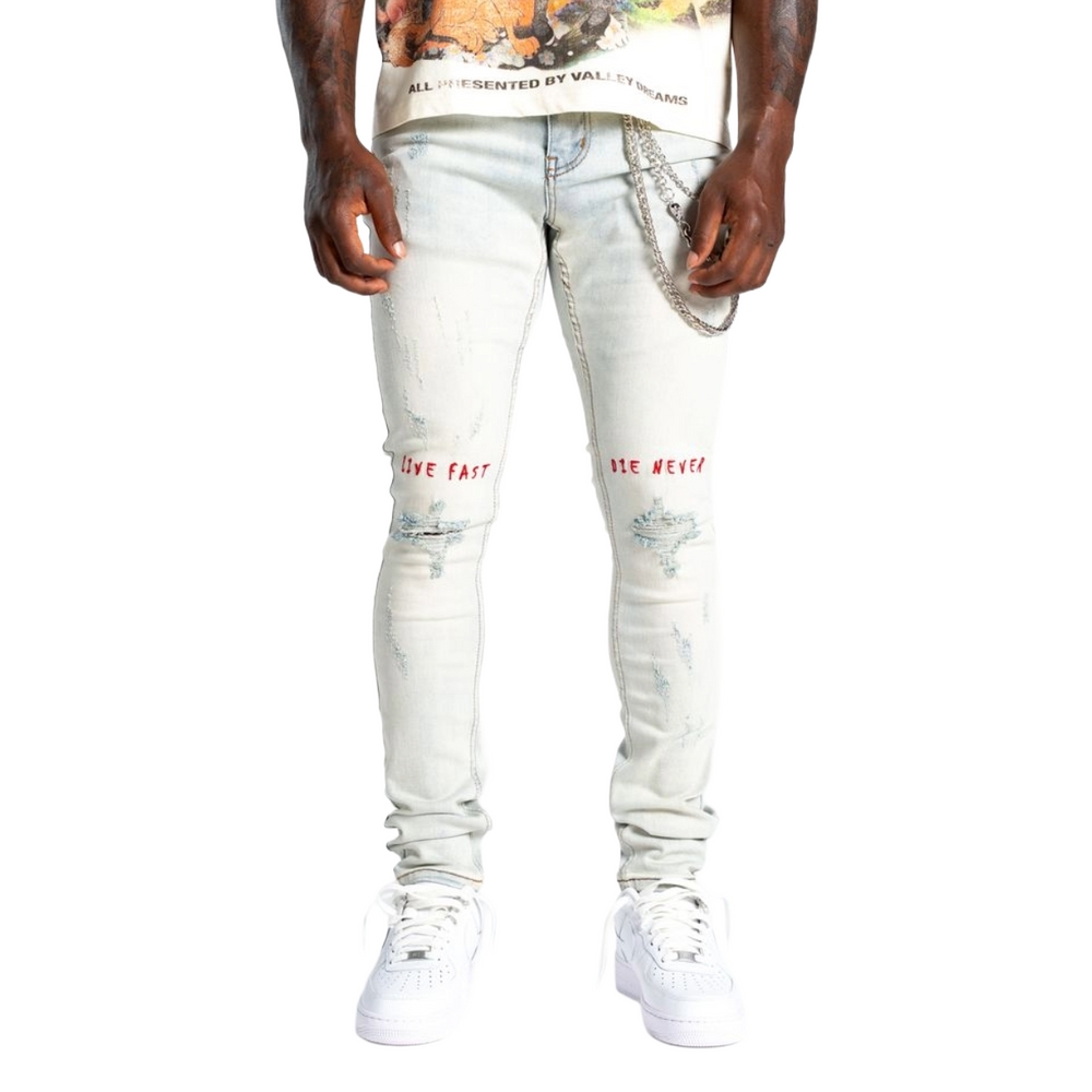 RELAPSE 'LIVE FAST' SKINNY DENIM - BLUE/RED