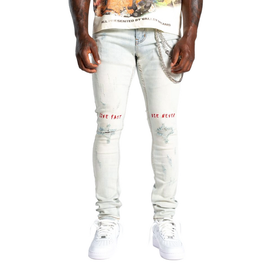 RELAPSE 'LIVE FAST' SKINNY DENIM - BLUE/RED