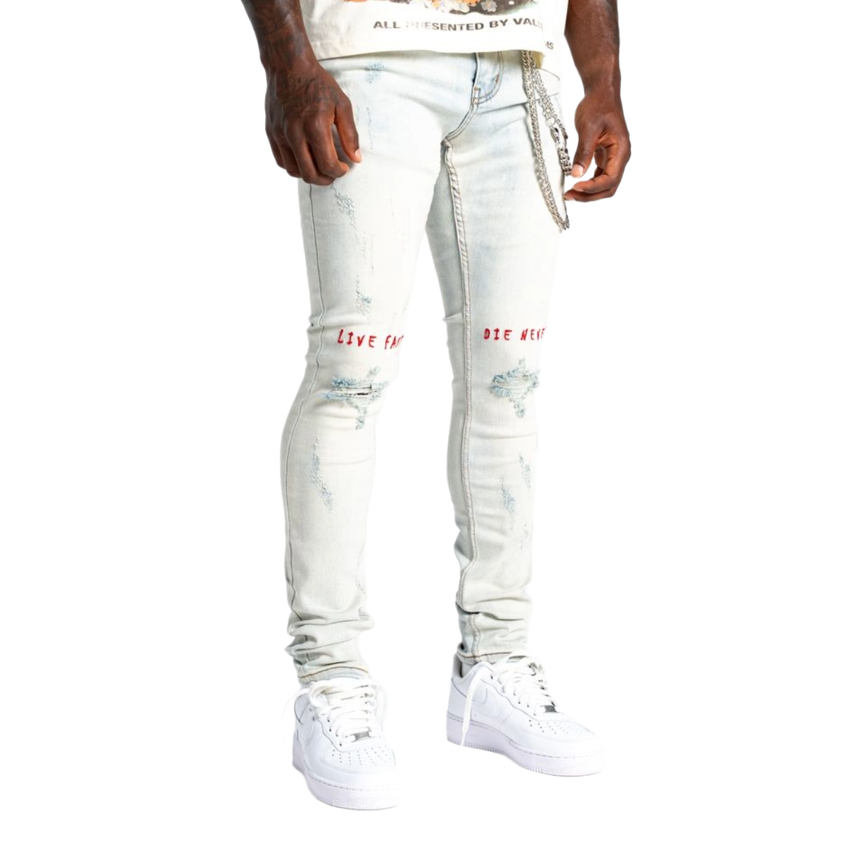 RELAPSE 'LIVE FAST' SKINNY DENIM - BLUE/RED