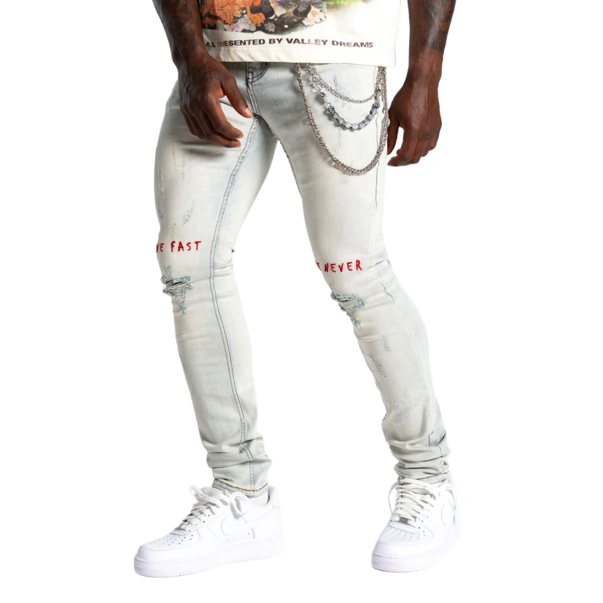 RELAPSE 'LIVE FAST' SKINNY DENIM - BLUE/RED
