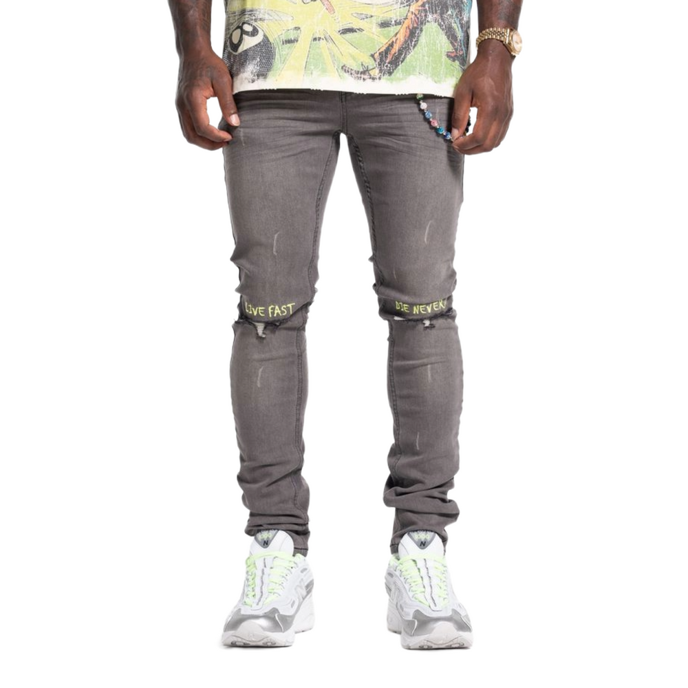 RELAPSE 'LIVE FAST' SKINNY DENIM - GREY/NEON