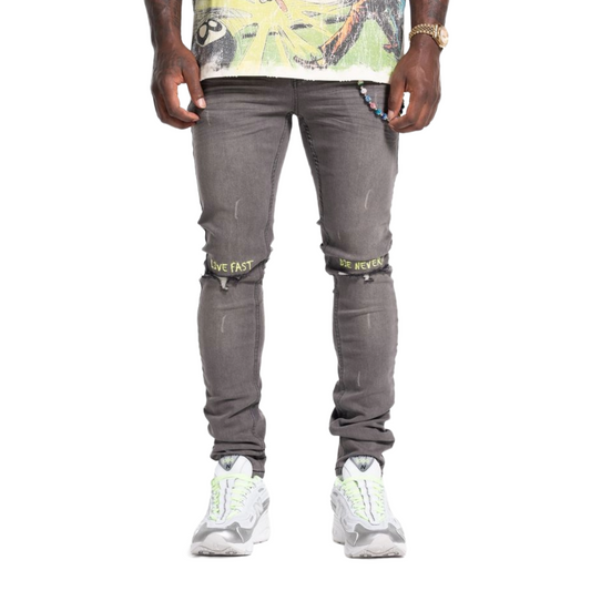 RELAPSE 'LIVE FAST' SKINNY DENIM - GREY/NEON