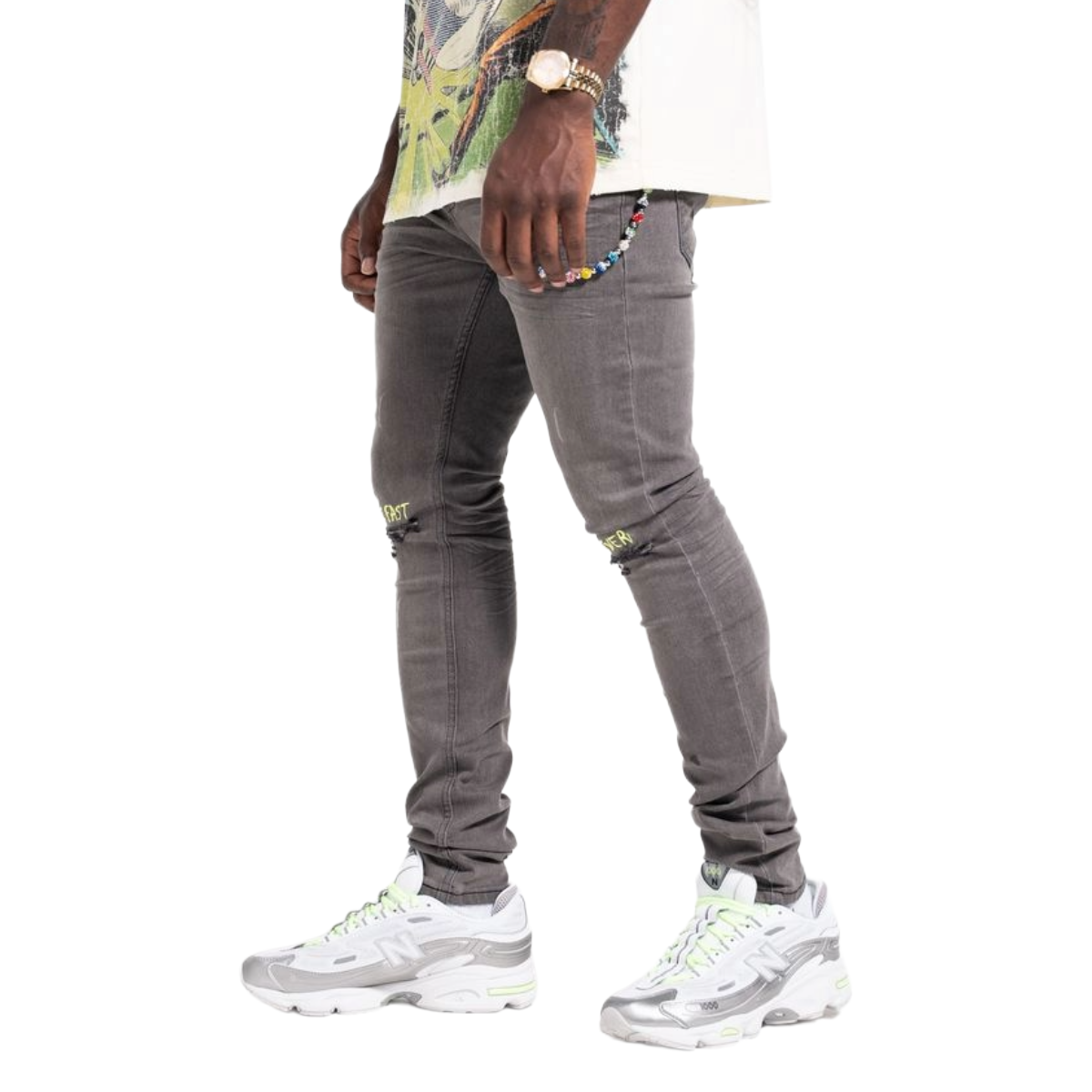 RELAPSE 'LIVE FAST' SKINNY DENIM - GREY/NEON