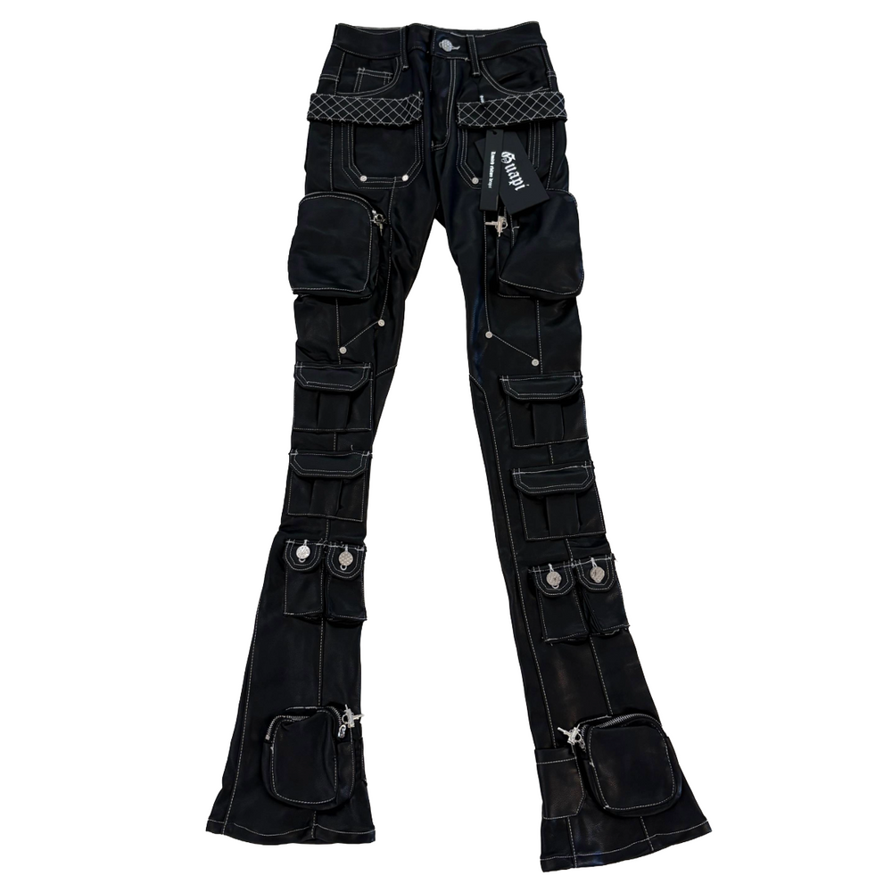 GUAPI OBSIDIAN BLACK LEATHER CARGO STACKED JEANS