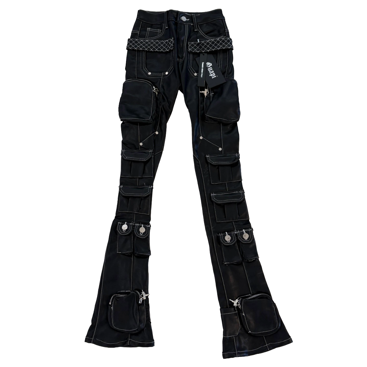GUAPI OBSIDIAN BLACK LEATHER CARGO STACKED JEANS