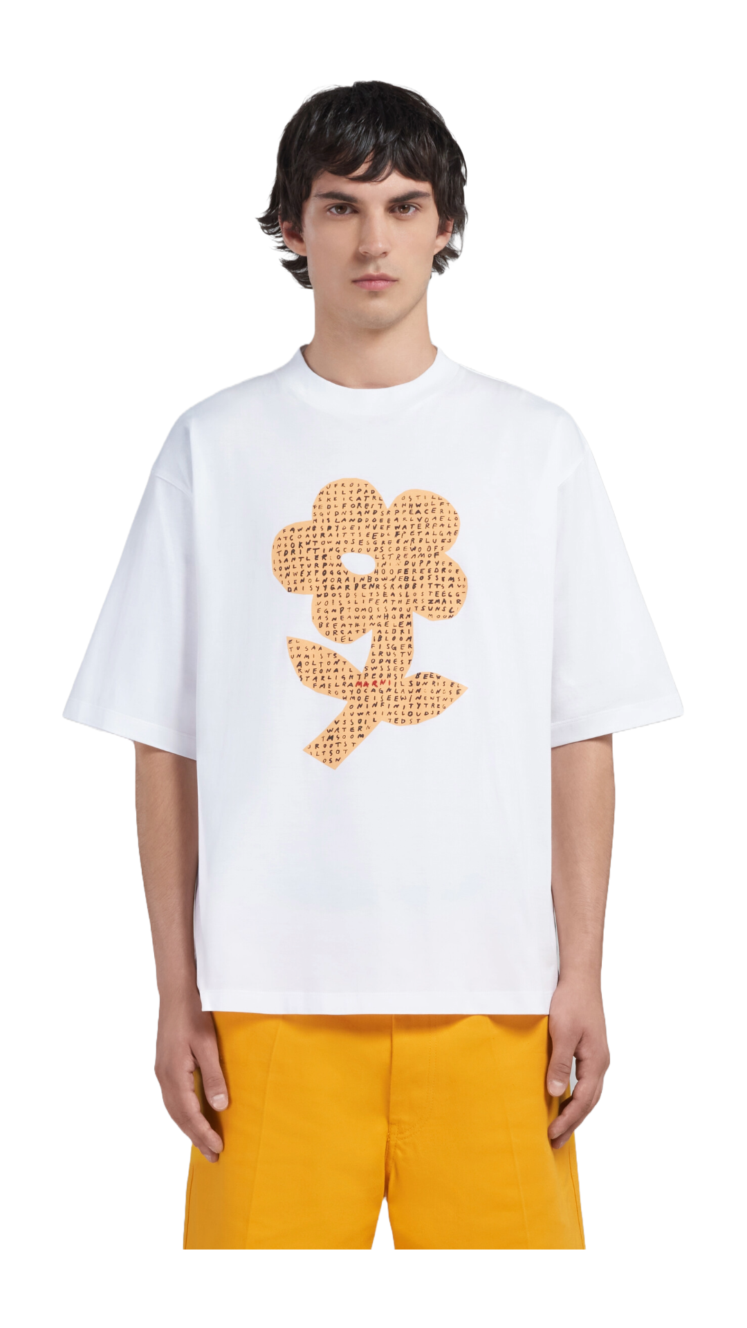 MARNI WHITE BIO COTTON T-SHIRT WITH WORDSEARCH FLOWER PRINT