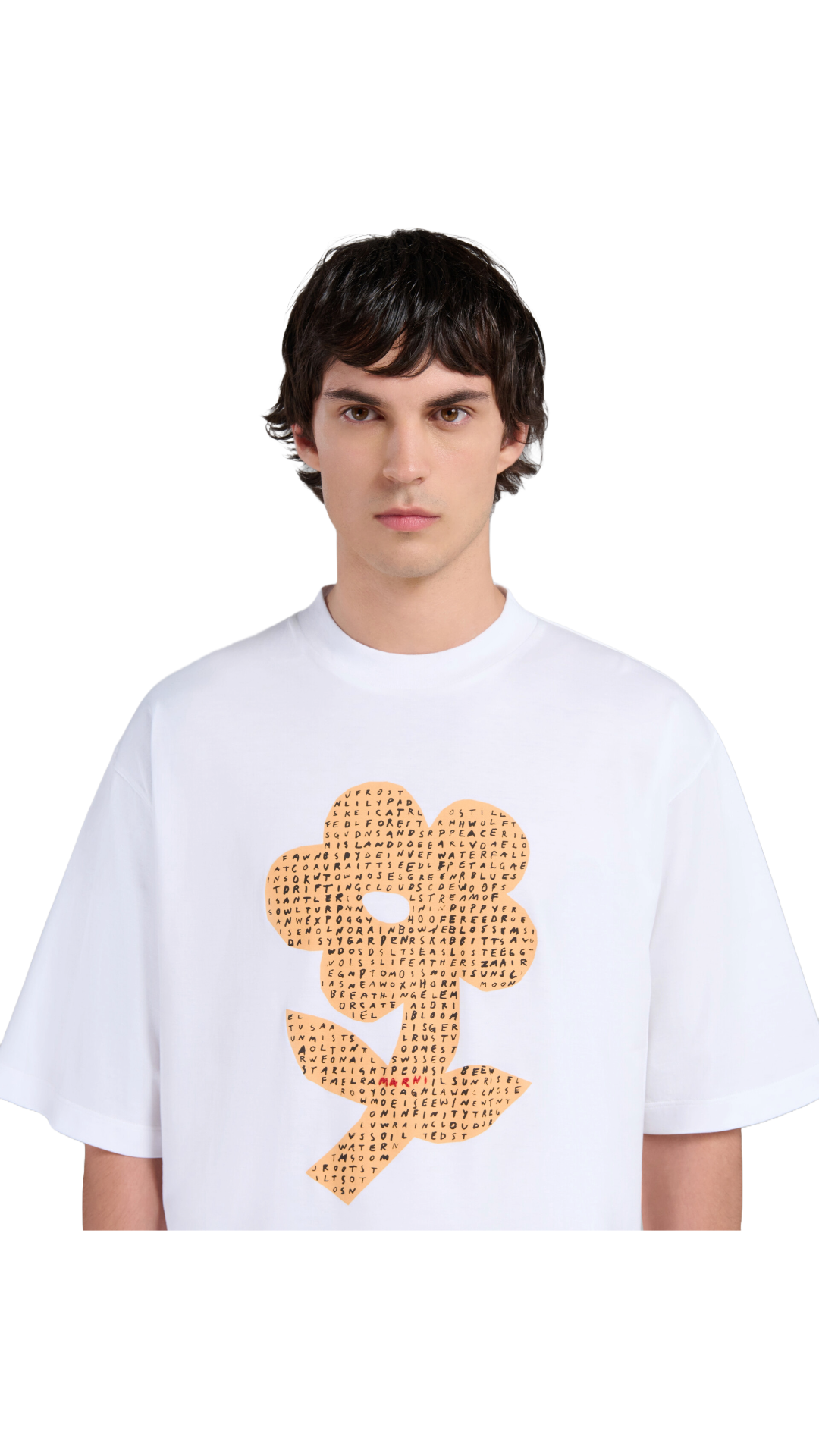 MARNI WHITE BIO COTTON T-SHIRT WITH WORDSEARCH FLOWER PRINT