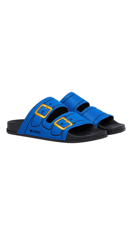 MARNI BLUE TROMPE L'OEIL SLIDER WITH EMBROIDERED BUCKLES