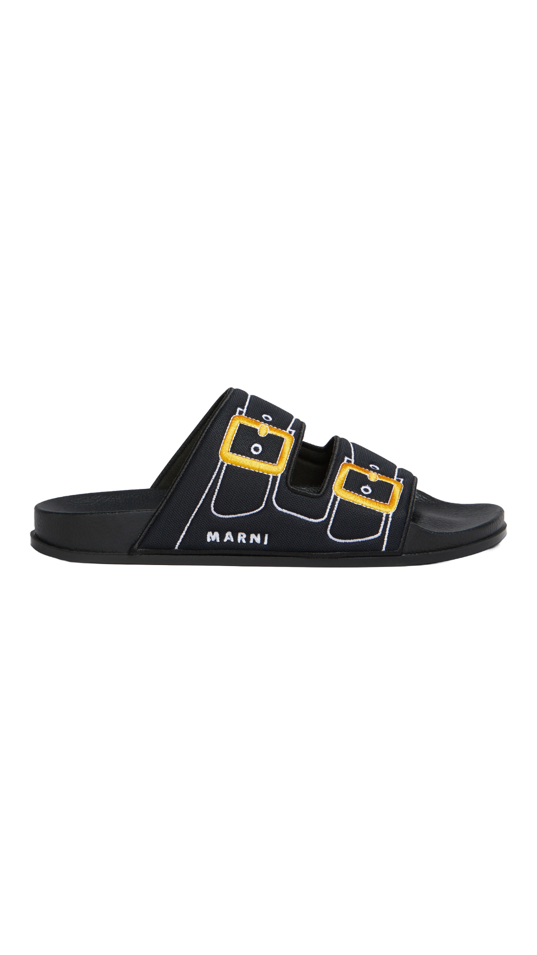 MARNI BLACK TROMPE L'OEIL SLIDER WITH EMBROIDERED BUCKLES