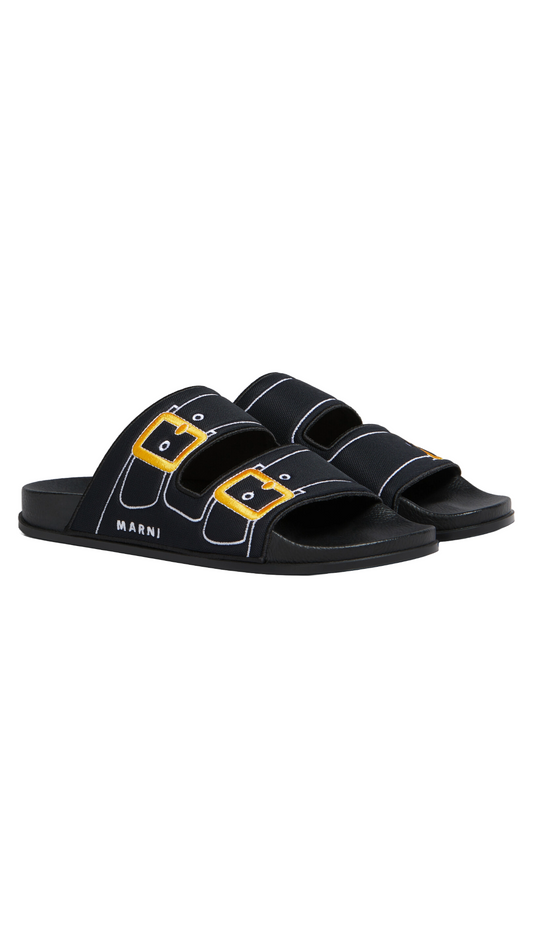 MARNI BLACK TROMPE L'OEIL SLIDER WITH EMBROIDERED BUCKLES