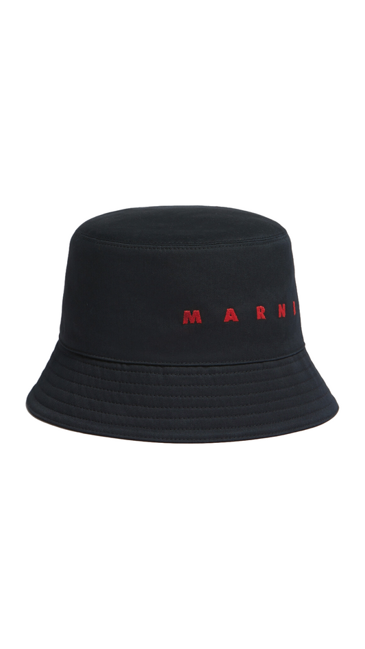 MARNI BLACK BIO GABARDINE BUCKET HAT WITH EMBROIDERED LOGO