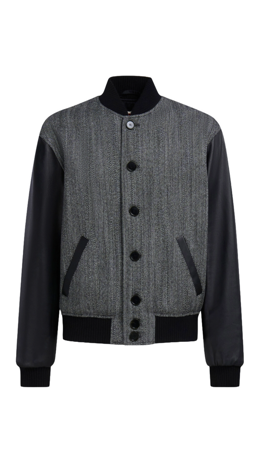 MARNI BLACK HERRINGBONE WOOL JACKET WITH LEATHER SLEEVES