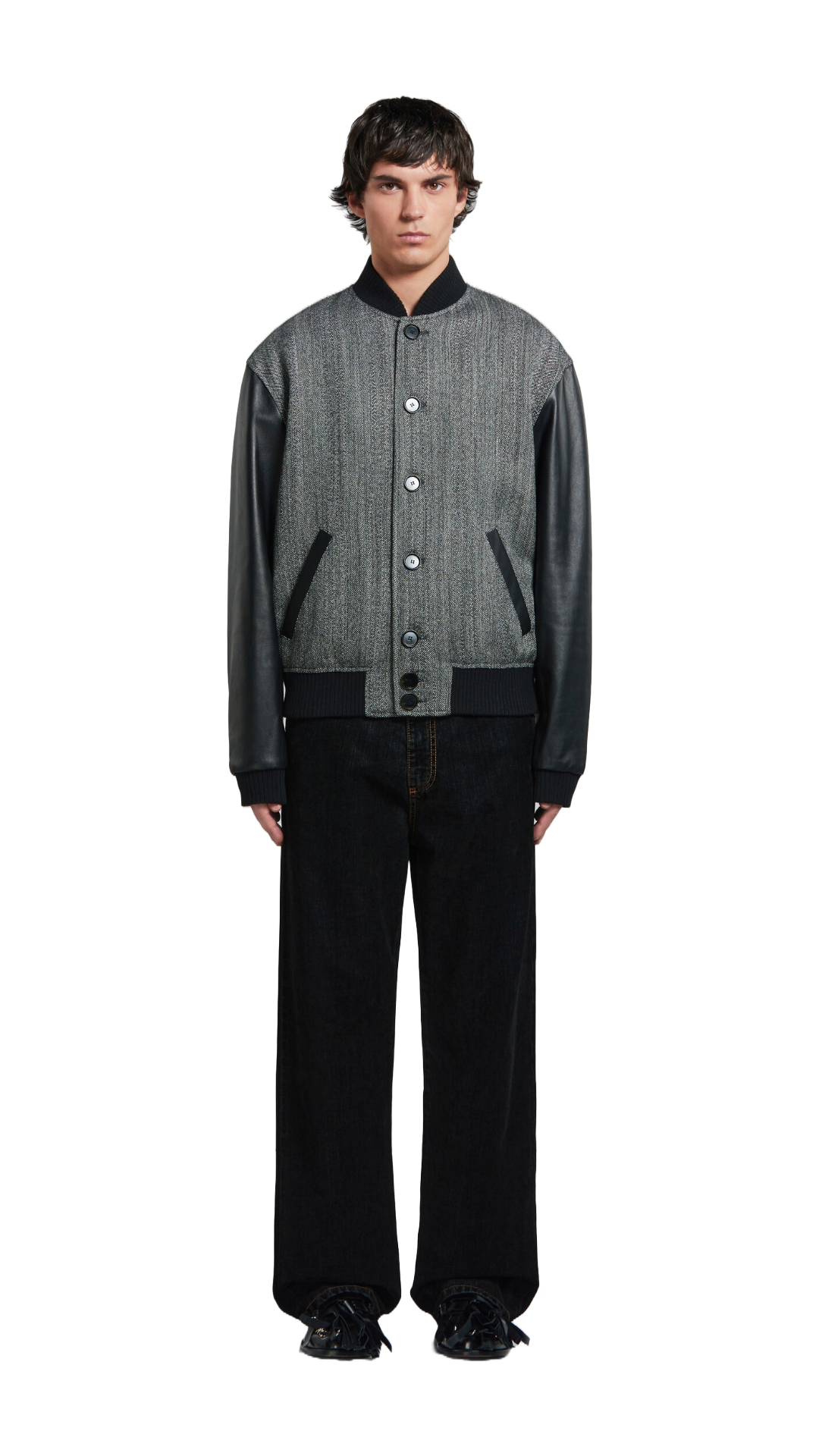 MARNI BLACK HERRINGBONE WOOL JACKET WITH LEATHER SLEEVES