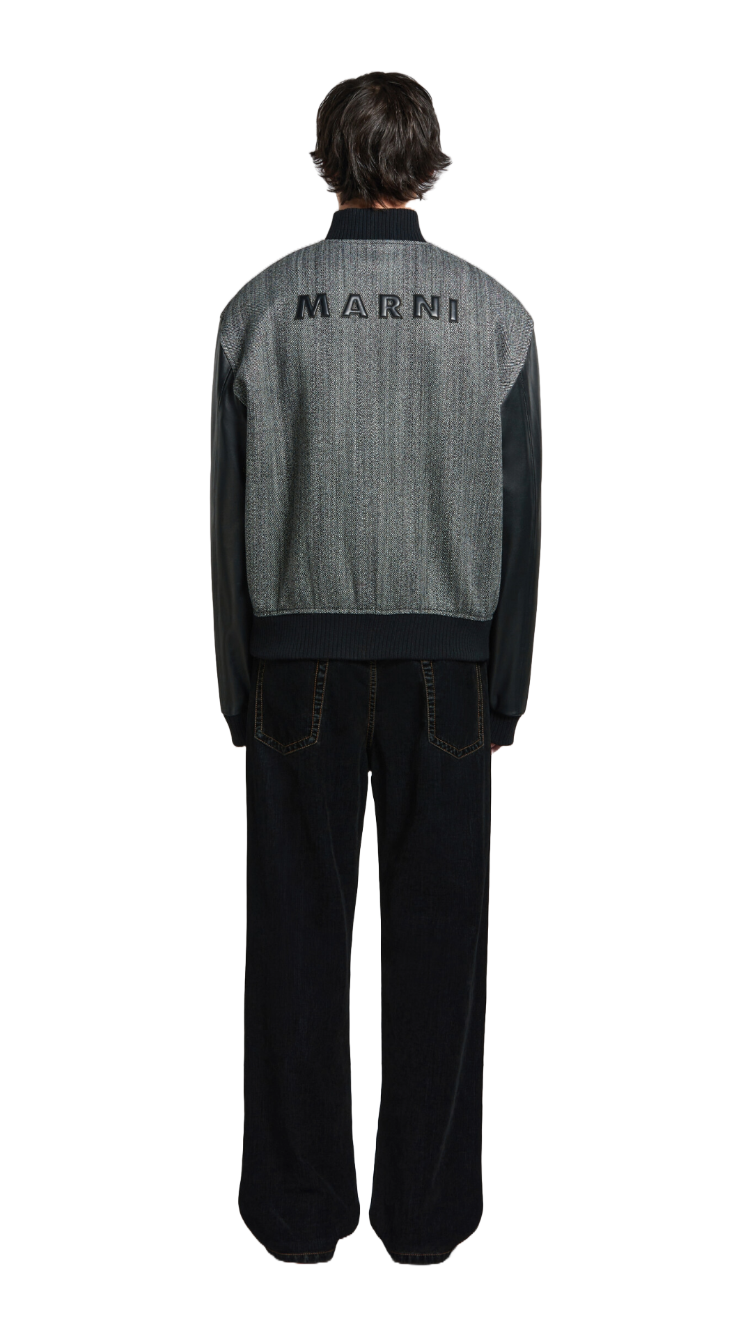 MARNI BLACK HERRINGBONE WOOL JACKET WITH LEATHER SLEEVES