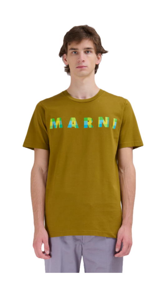 BROWN COTTON T-SHIRT WITH GINGHAM MARNI LOGO