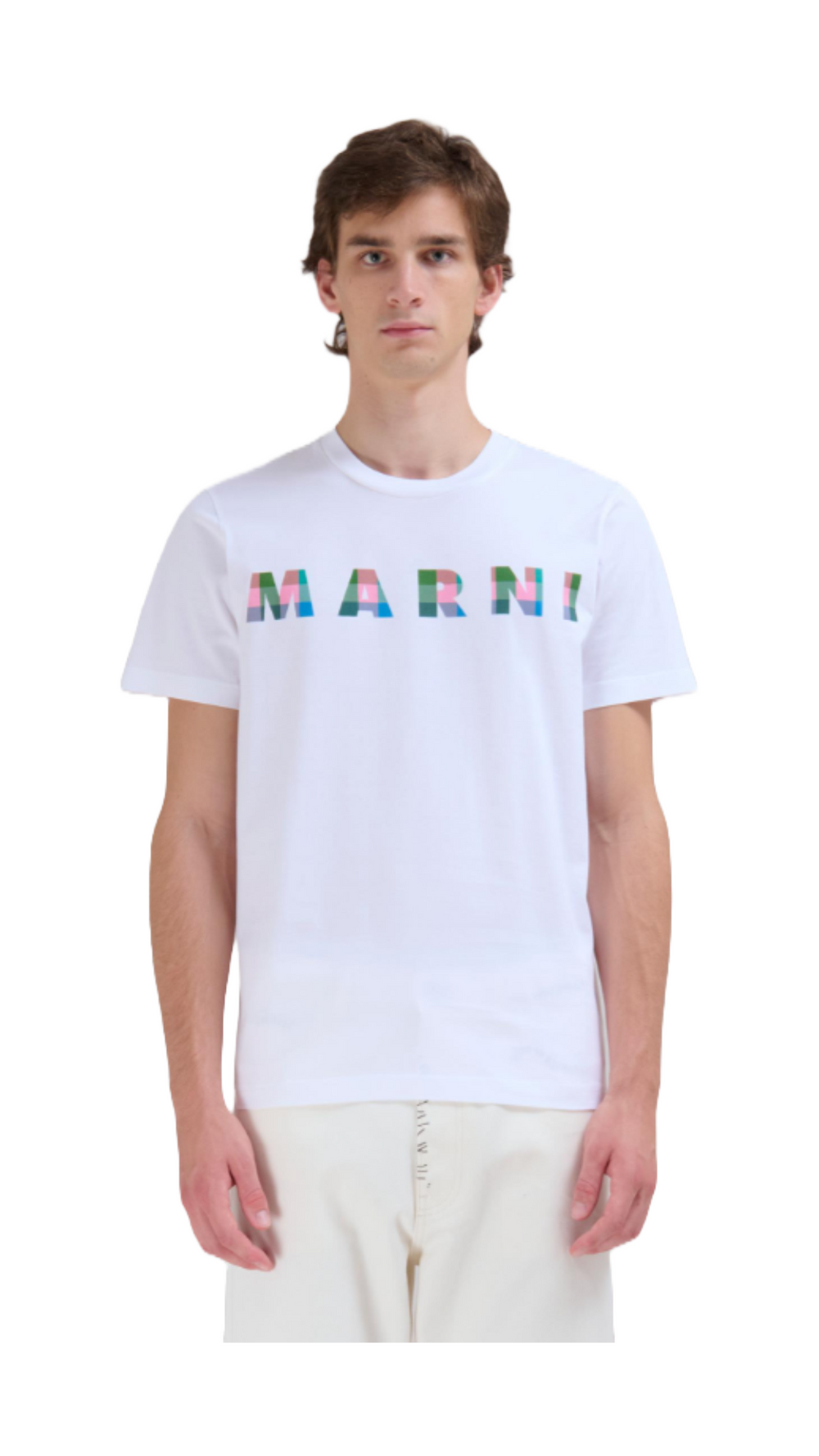 WHITE COTTON T-SHIRT WITH GINGHAM MARNI LOGO