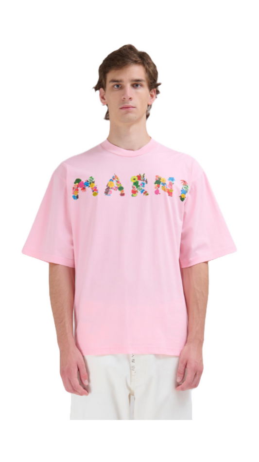 PINK COTTON T-SHIRT WITH BOUQUET MARNI LOGO