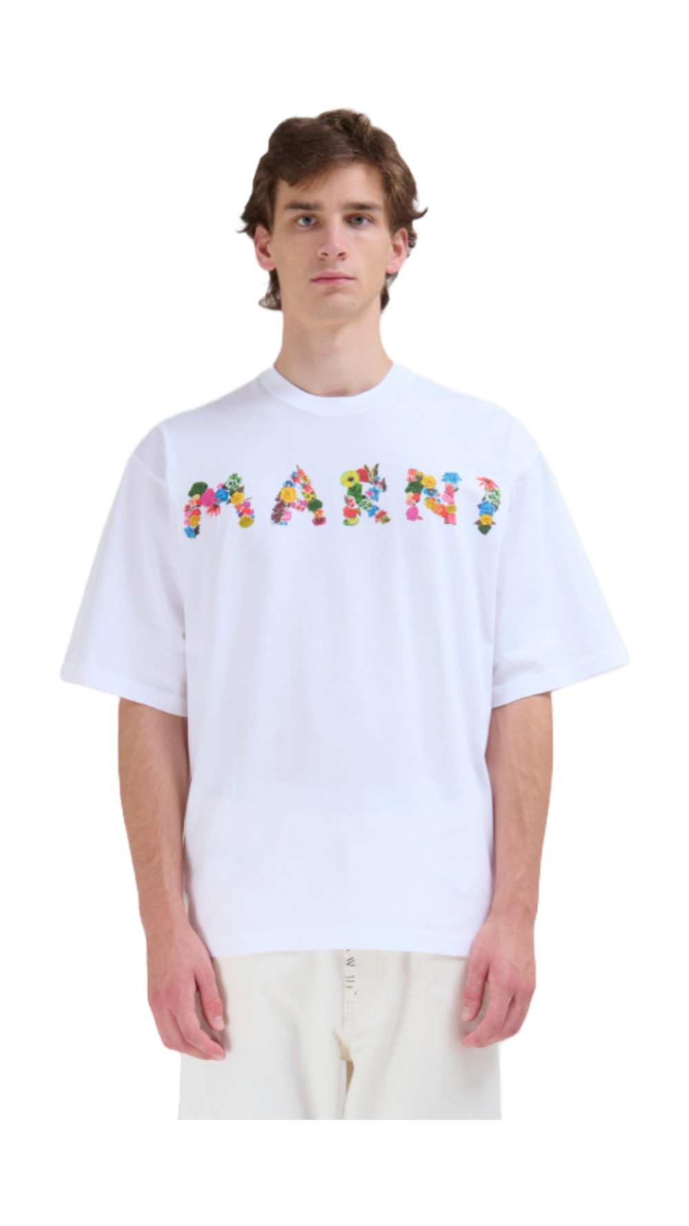 WHITE COTTON T-SHIRT WITH BOUQUET MARNI LOGO