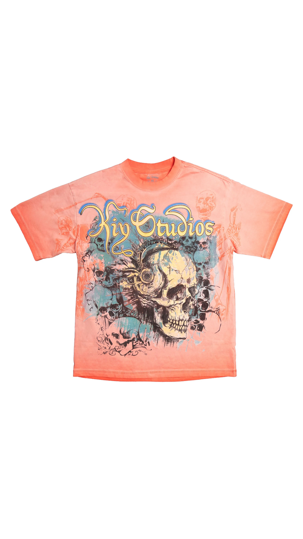 KIY STUDIOS "SKULL TOUR '91" GRUNGE WASH PEACH APRICOT TEE