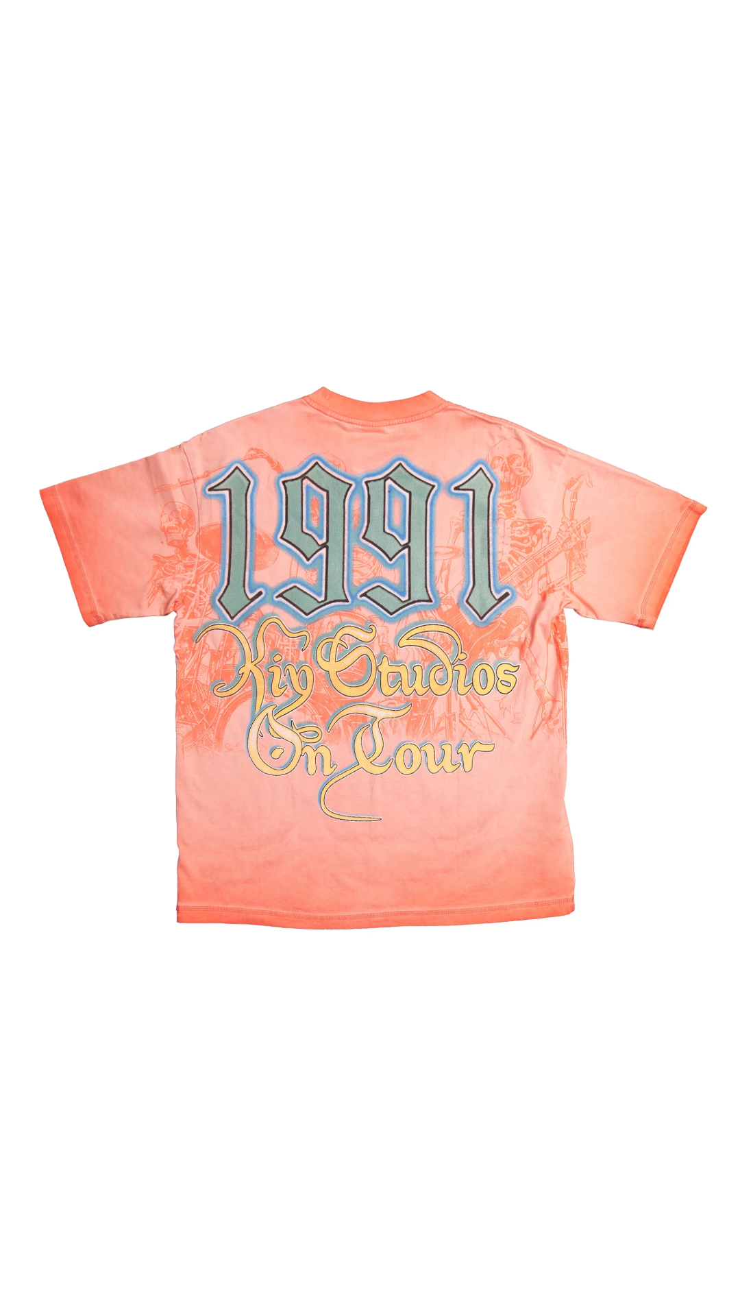 KIY STUDIOS "SKULL TOUR '91" GRUNGE WASH PEACH APRICOT TEE