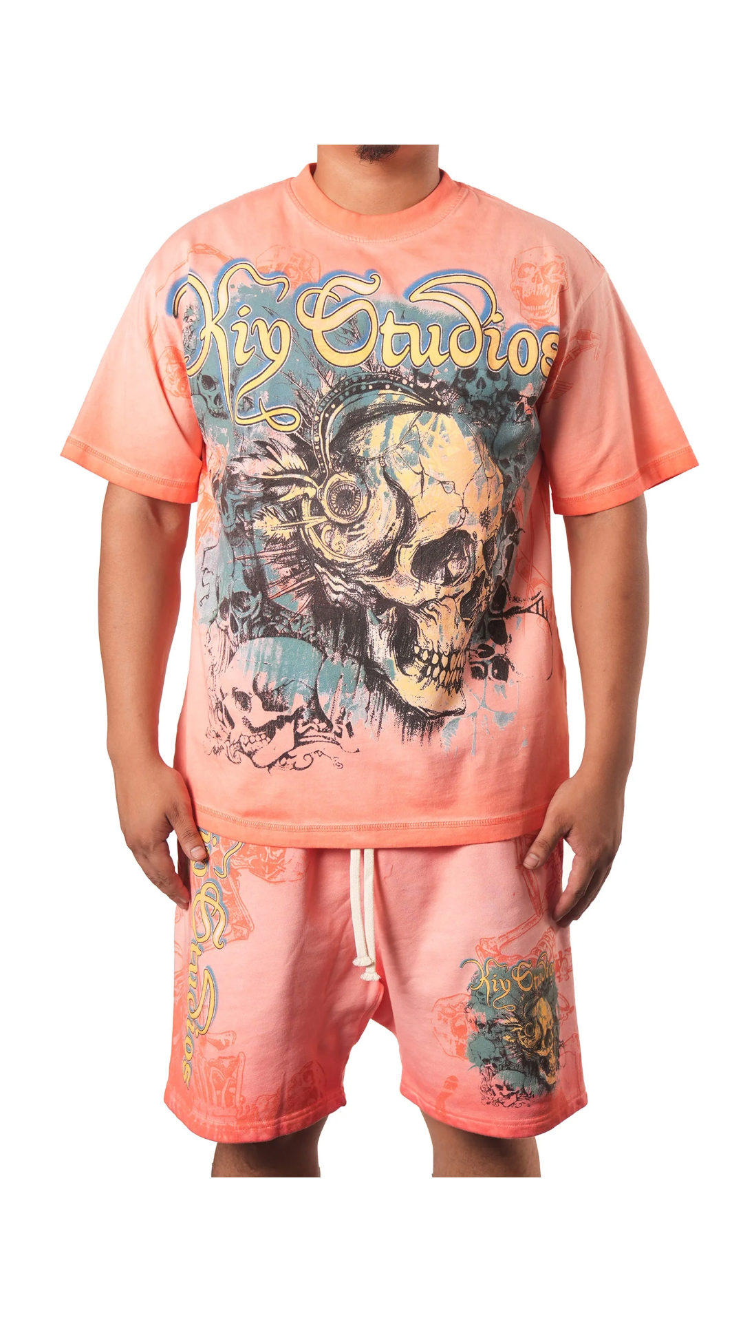 KIY STUDIOS "SKULL TOUR '91" GRUNGE WASH PEACH APRICOT TEE