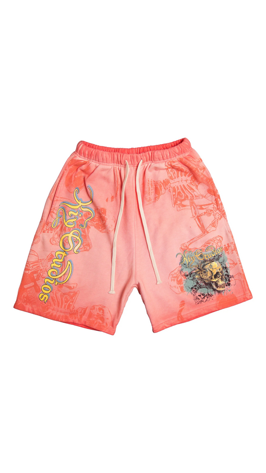 KIY STUDIOS "SKULL TOUR '91" GRUNGE WASH PEACH APRICOT SHORTS