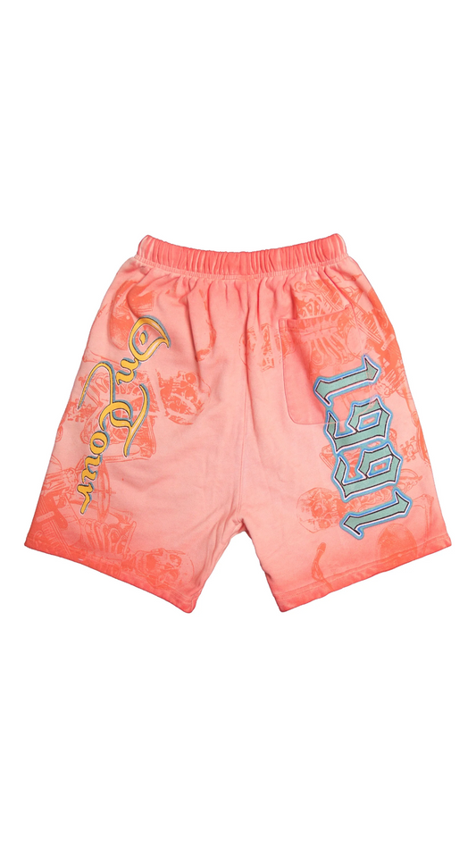 KIY STUDIOS "SKULL TOUR '91" GRUNGE WASH PEACH APRICOT SHORTS