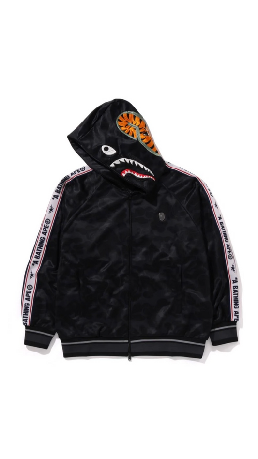 BAPE SOLID BLACK CAMO RELAXED FIT SHARK FULL ZIP UP HOODIE