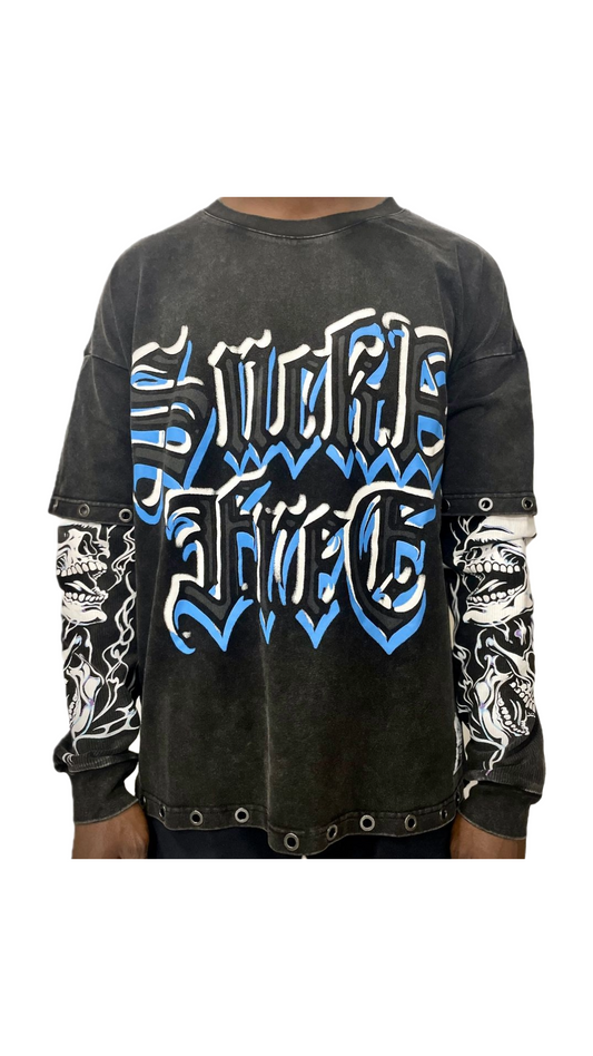 SF FLAMING SKULL DOUBLE SLEEVE (BLK)